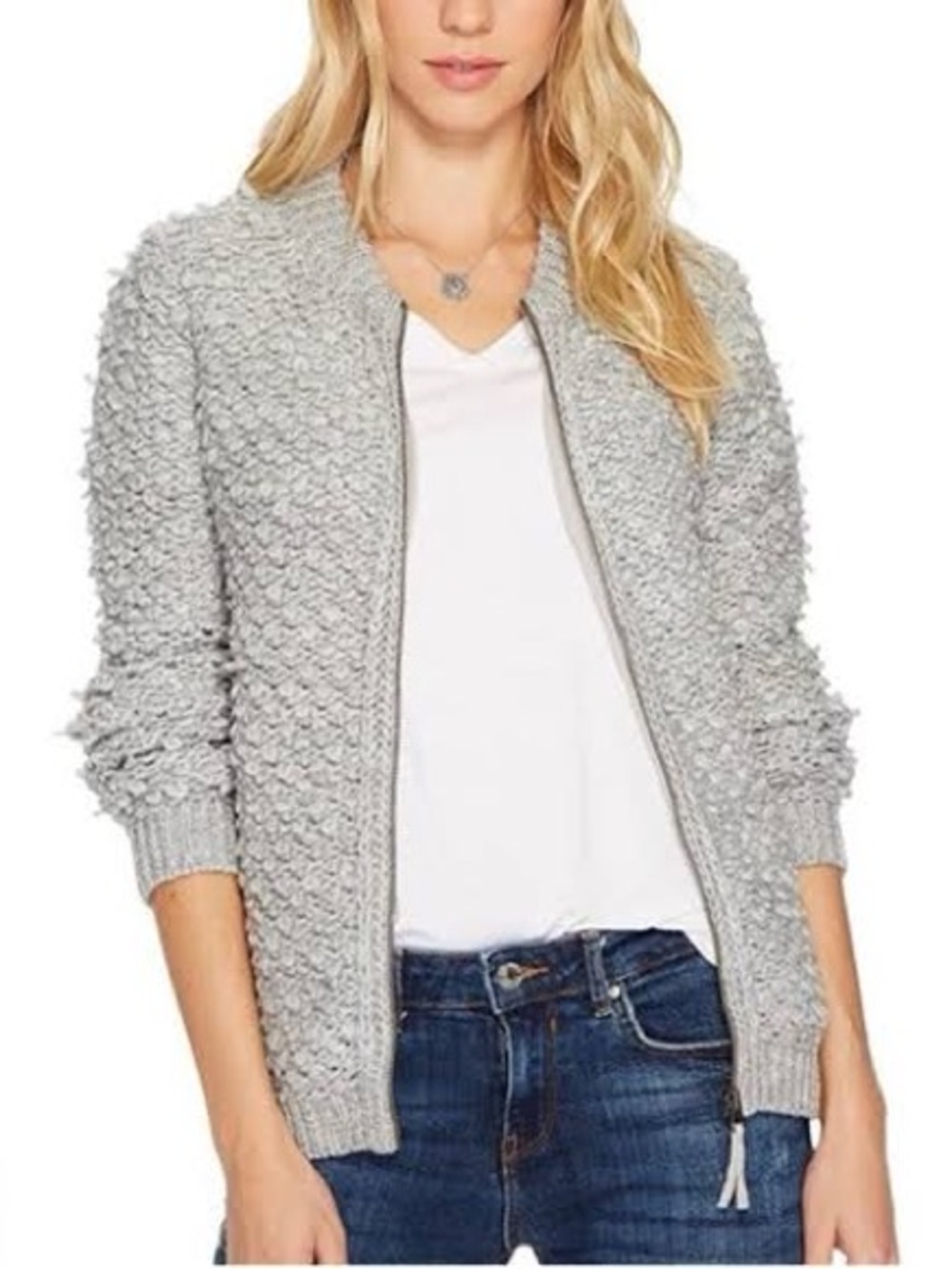 Lucky Brand Grey Popcorn Textured Full Zip Sweater Bomber Jacket Size L